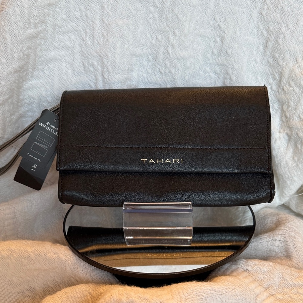 Tahari black and pewter 2 in 1 wristlet clutch wallet NWT